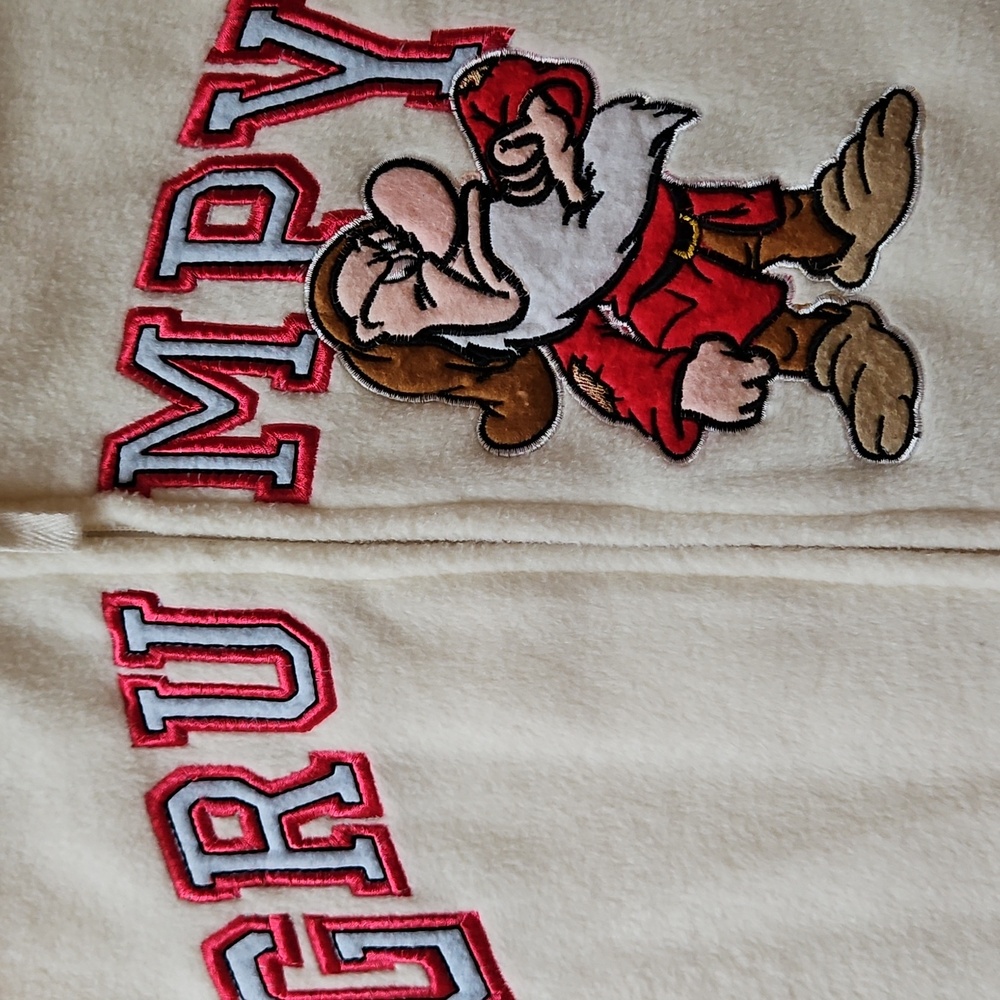 Disney Womens XL Grumpy Full Zip Fleece Hoodie Cream Kangaroo Pocket Embroidered - Picture 6 of 8